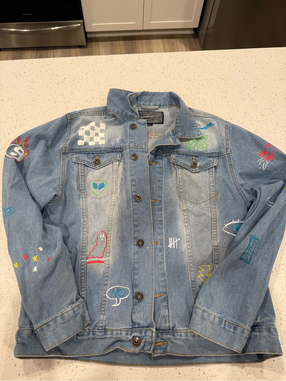 Mens  Light Blue Denim Jacket with Colorful Patches - Brooklyn Cloth Brand